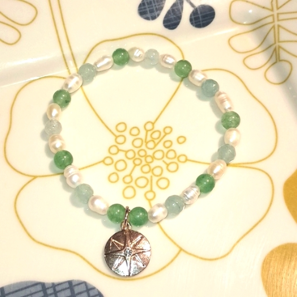 INDIGO HEALS PEARLS, AVENTURINE AND AQUAMARINE 4MM STONES WITH GOLD P. PENDANT